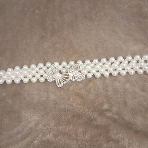 Elastic belt with pearls and metal butterflies, new, adjustable, white