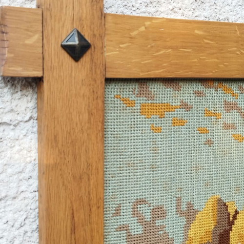 Hand-embroidered painting The Gleaners used with oak frame