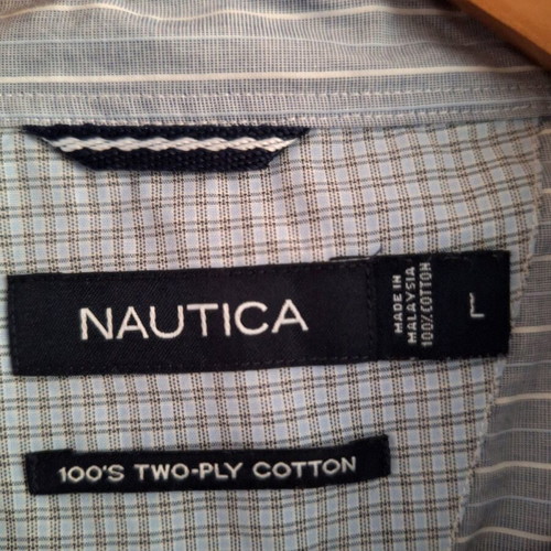 Nautica men's used long-sleeve striped shirt L white gray