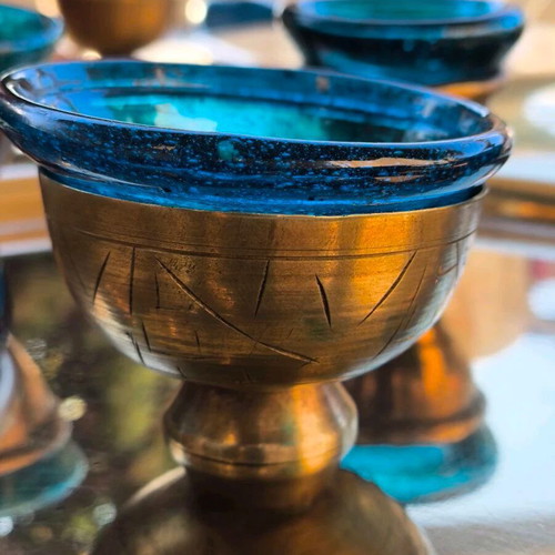 Vintage liqueur set used with bronze and blue glass cups
