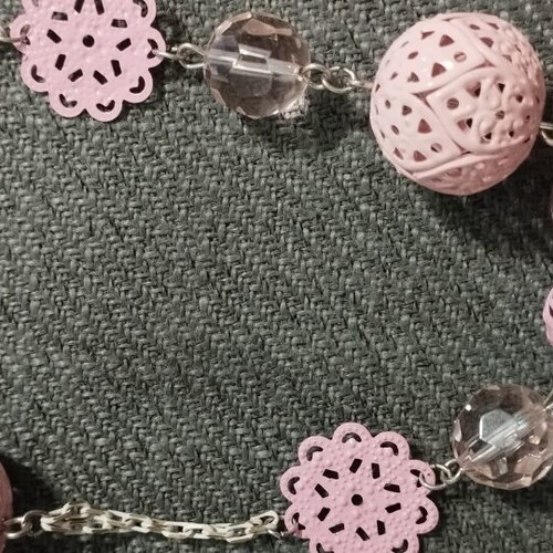 Long women's necklace with pink pierced beads and crystals, new