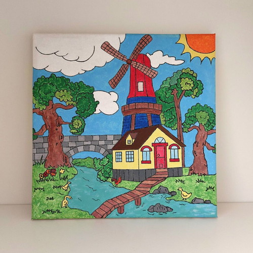 Set of 2 handmade canvas paintings "Windmill & Lighthouse" new
