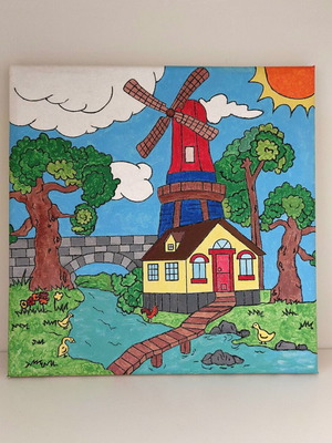 Set of 2 handmade canvas paintings "Windmill & Lighthouse" new