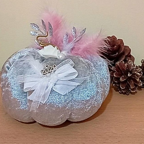 Handmade Large Velvet Pumpkin Lucky Charm 2026 in Silver Metallic Color