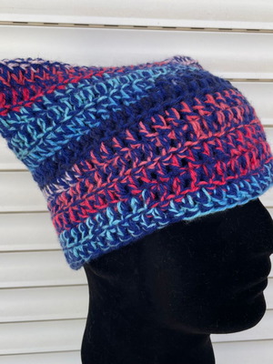 Handmade beanie with cat ears new, navy with colorful stripes