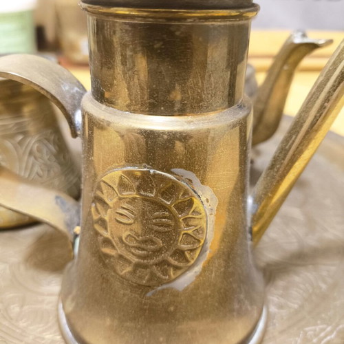 Brass decorative set used, oriental style (tray, jugs & cezve)
