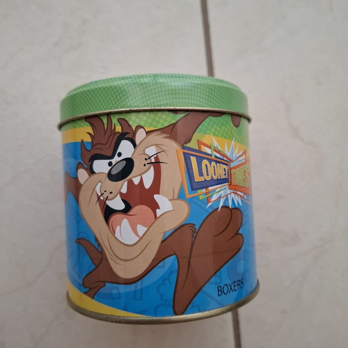 Apple round metal storage tin with Looney Tunes '00, like new