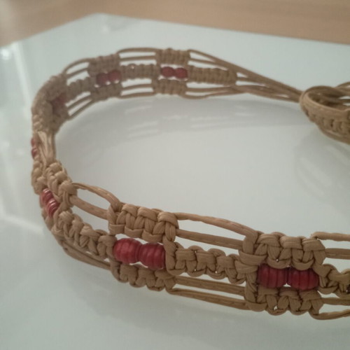 Handmade belt with wooden beads adjustable, like new, beige and red
