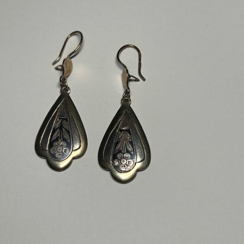 Vintage blackened silver drop earrings used with floral engraving