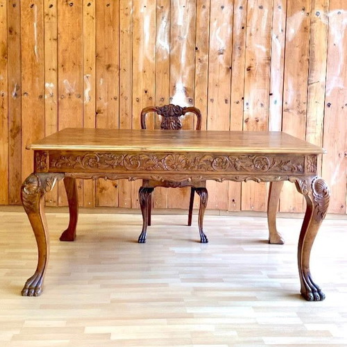 Antique extendable dining table 1960, hand-carved solid wood