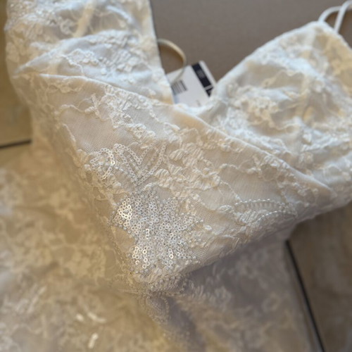 Zara asymmetric beaded lace top and fringe lace skirt set, new, ecru