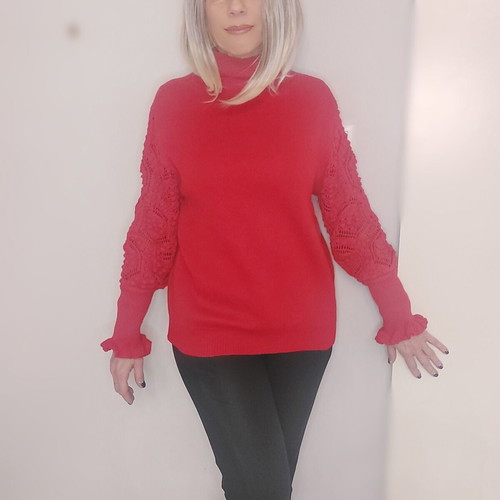 Women's red sweater new, size M with turtleneck and lace sleeves