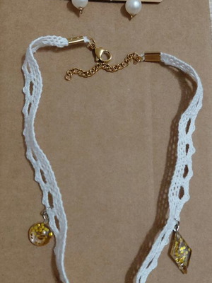 Handmade steel earrings and choker set in gold tones with resin charms