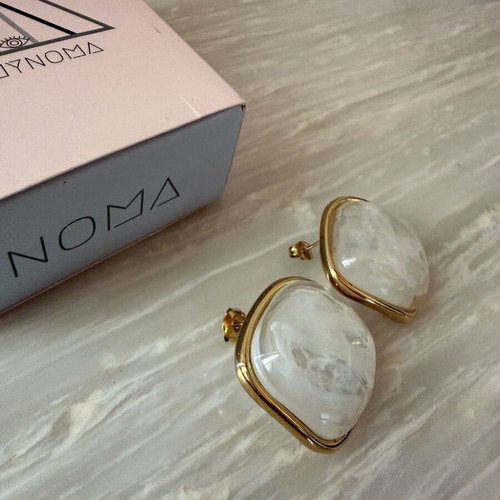 Stainless steel statement earrings, white and gold tone