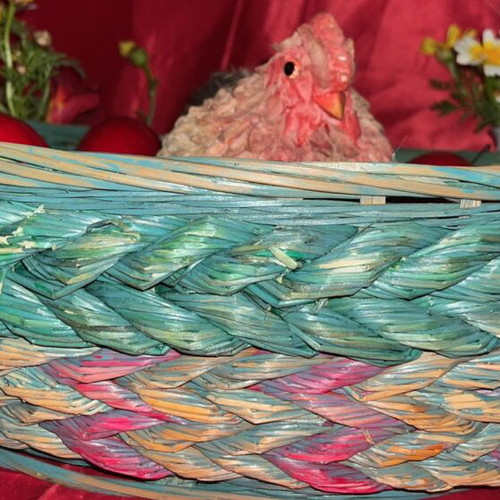 Woven Easter basket like new with hen and 3 red eggs