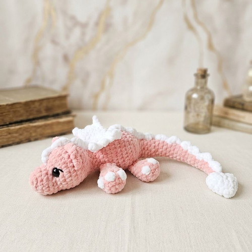 Handmade plush dragon pink and white, 32 cm, new