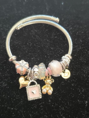 Γυναικείο ατσάλινο charm bracelet με ροζ στοιχεία, καινούργιο