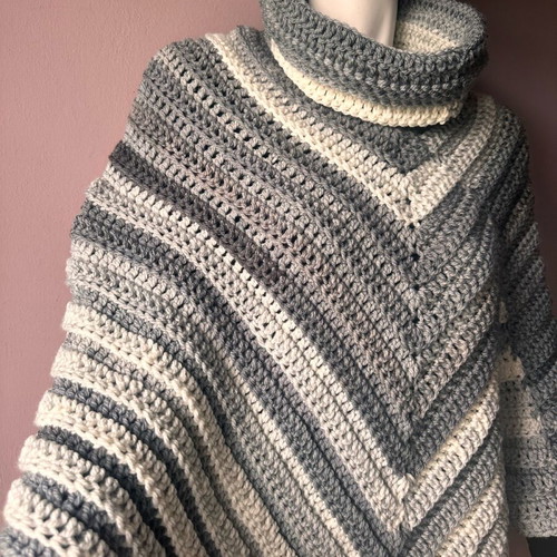 Handmade knitted poncho with turtleneck made to order, gray and white