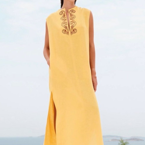 Achivada Sleeveless Embroidered Linen Caftan Yellow Zeus new