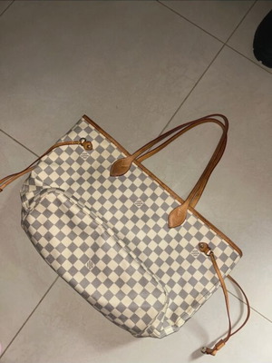 Louis Vuitton Neverfull MM ώμου τσάντα μεταχειρισμένη, καμβάς Damier Azur