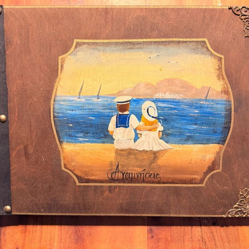 Handmade wooden photo album Memories with rice paper, like new