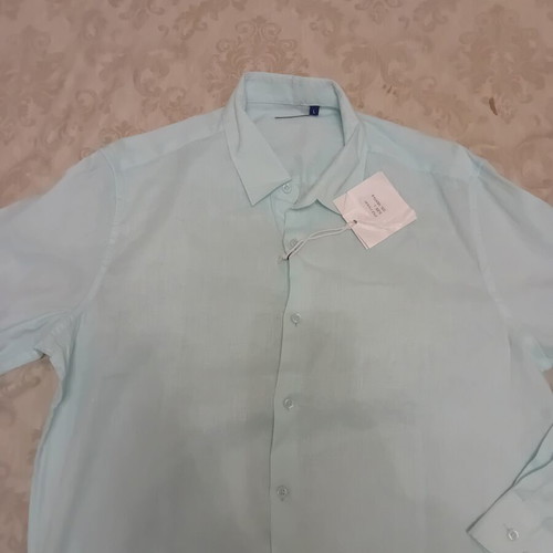 Men's turquoise linen shirt, 70% linen 30% cotton, size L