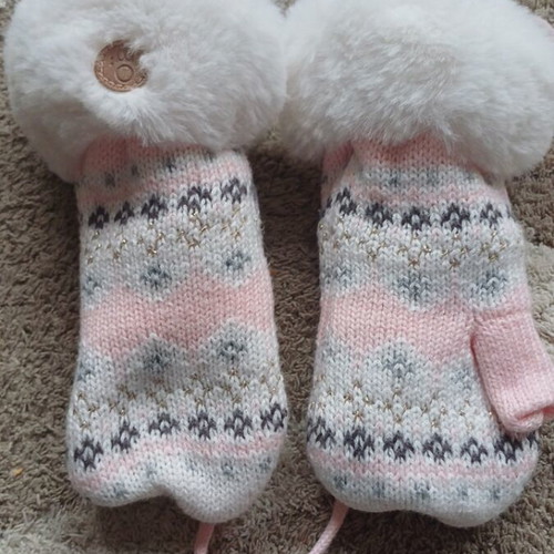 Okaidi children's gloves like new, wool, white and pink, ages 3+