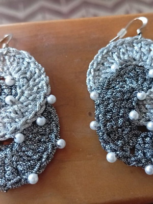 Handmade knitted earrings with silver thread and pearls new