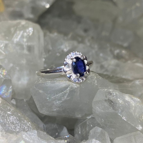 Handmade silver ring with natural blue sapphire and moissanites size 5