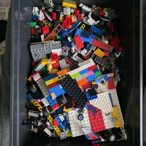 Building blocks used, mainly Lego, in box