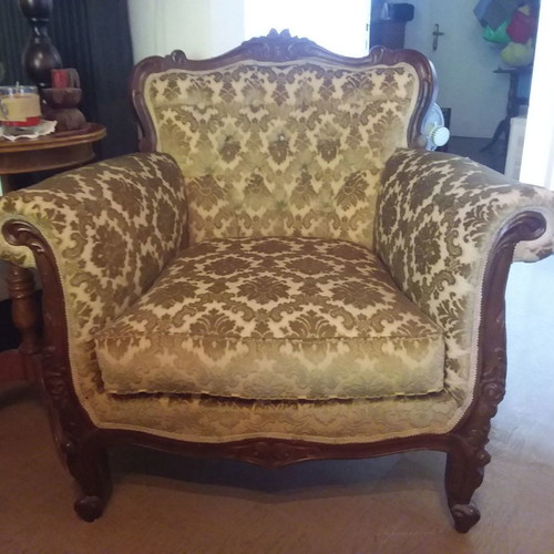 Antique living room set used from 1950 with marble tables and carved wooden frame