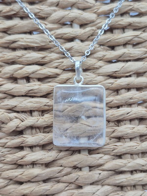 Clear Quartz Necklace with Silver Bezel and Stainless Steel Chain, new