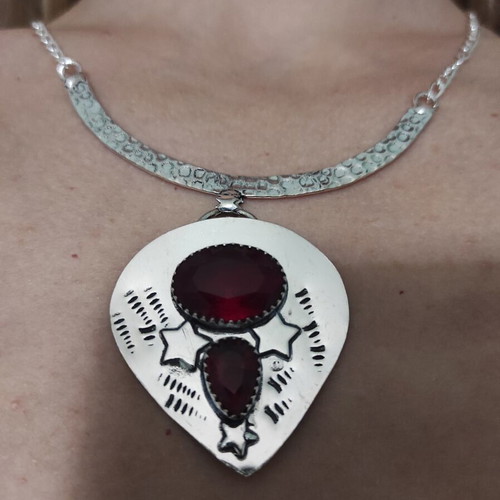Ethnic Silver Necklace with Garnet Stone New, 40 cm Chain