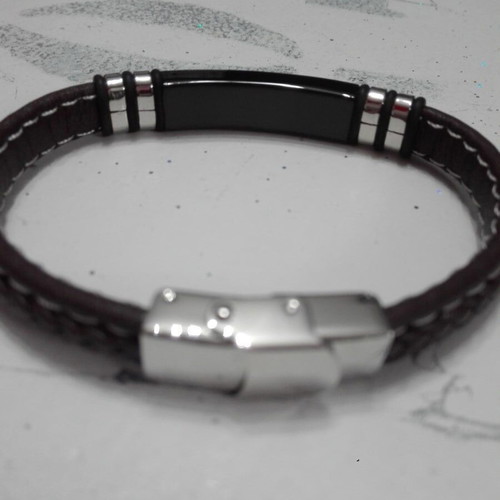 Men's Leather Bracelet with Stainless Steel and Tabac Leather New
