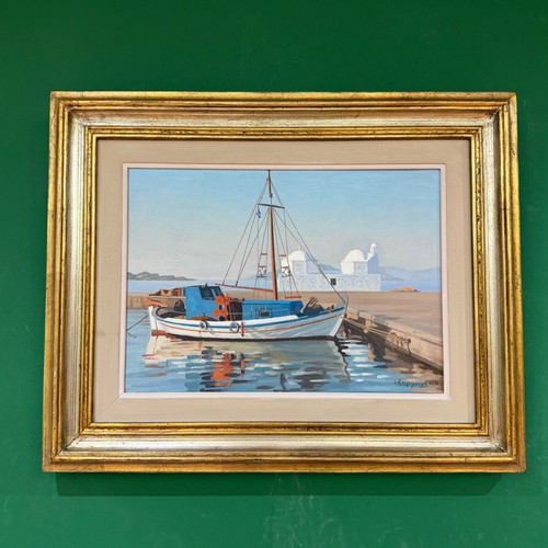 Oil painting by I. Sergoulopoulos used, framed, Aegina - Agios Nikolaos harbor