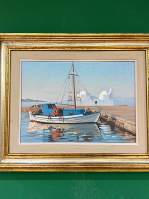 Ελαιογραφία Ι. Σεργουλόπουλου μεταχειρισμένη σε κορνίζα, Αίγινα - Λιμάνι Άγιος Νικόλαος