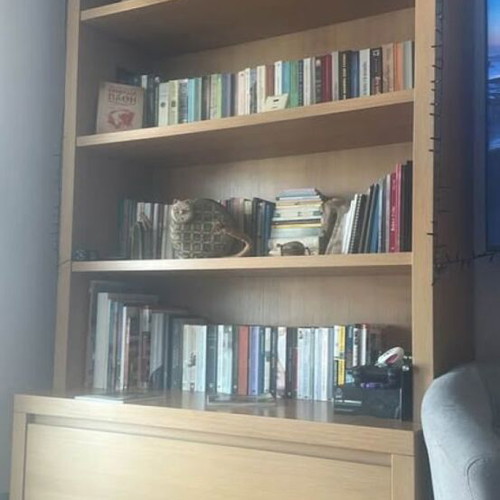 Solid beech wood bookcases with sliding drawer, custom made