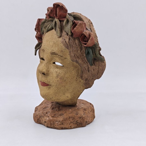 Ceramic mask on stone base by Popi Lydaki used