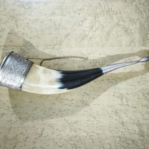 Traditional Wine Drinking Horn with Metal Decoration like new