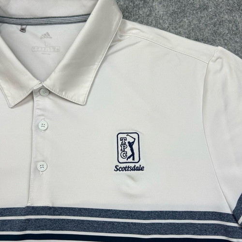 Adidas TPC Scottsdale Men's Golf Polo Shirt Large White Blue Striped Short Sleeve with Collar