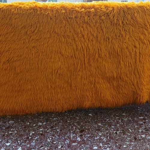Handmade flokati rug used, orange to yellow (mustard)