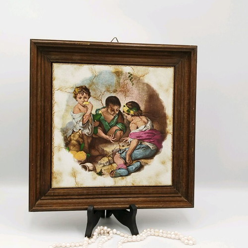 Vintage ceramic picture used with wooden frame
