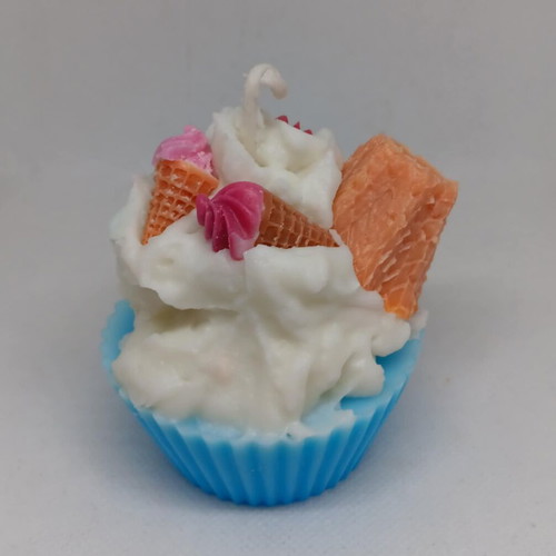 Handmade cupcake candle with whipped cream and ice cream cones, coconut or cookie scent