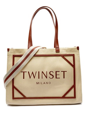 Τσάντα shopper Twinset μεταχειρισμένη, καμβάς, μπεζ και καφέ
