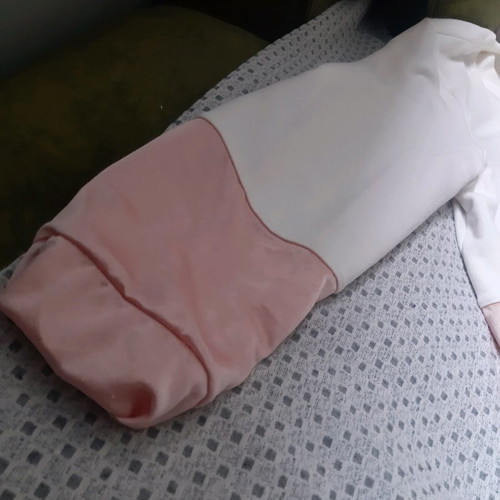 Tag Modest Clothing cardigan M used, white with pink satin details