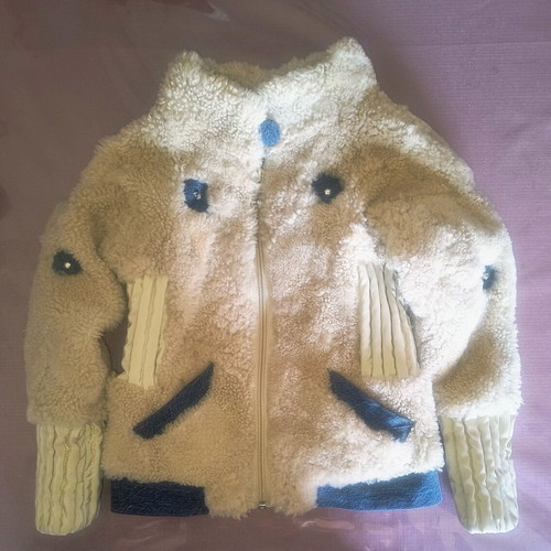 Children's mouton fur jacket new, leather and denim, ages 2 to 4, beige