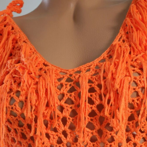 Beachwear one-piece orange new with braided pattern and tassels