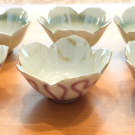 Serving bowls used, pack of 6, porcelain flower-shaped from Japan