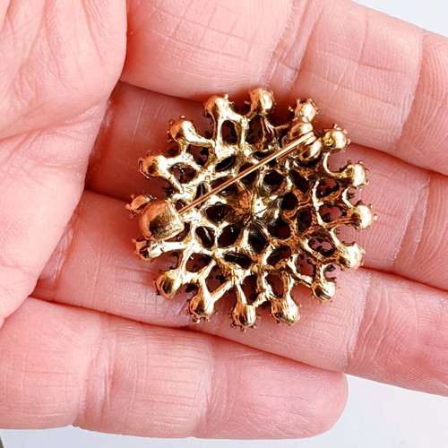 Vintage 60ies flower brooch in gold antique color like new with colorful rhinestones