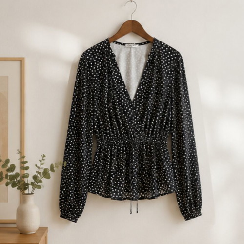 About You black blouse with white dots, size M